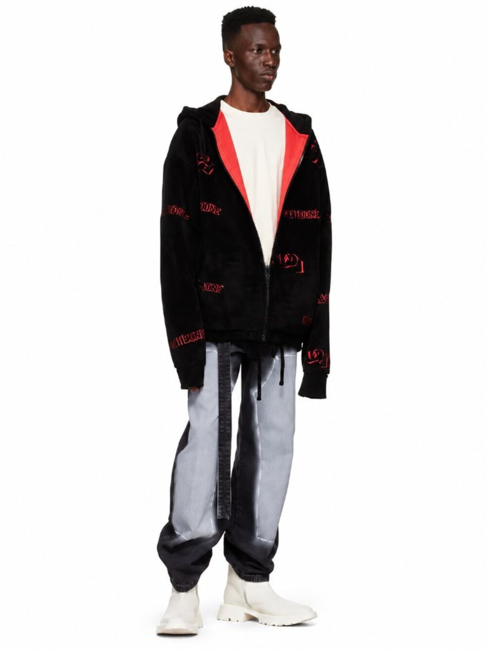 WE11DONE Y2K All-Over Multi-Logo Zip-Up Hoodie Black / Red - Size L Heavyweight